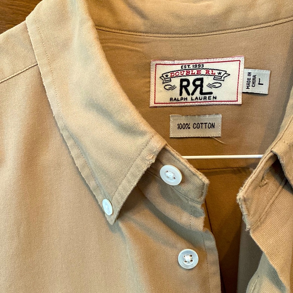RRL Ralph Lauren, Double RL Light Taupe Tan button down. Size Large.